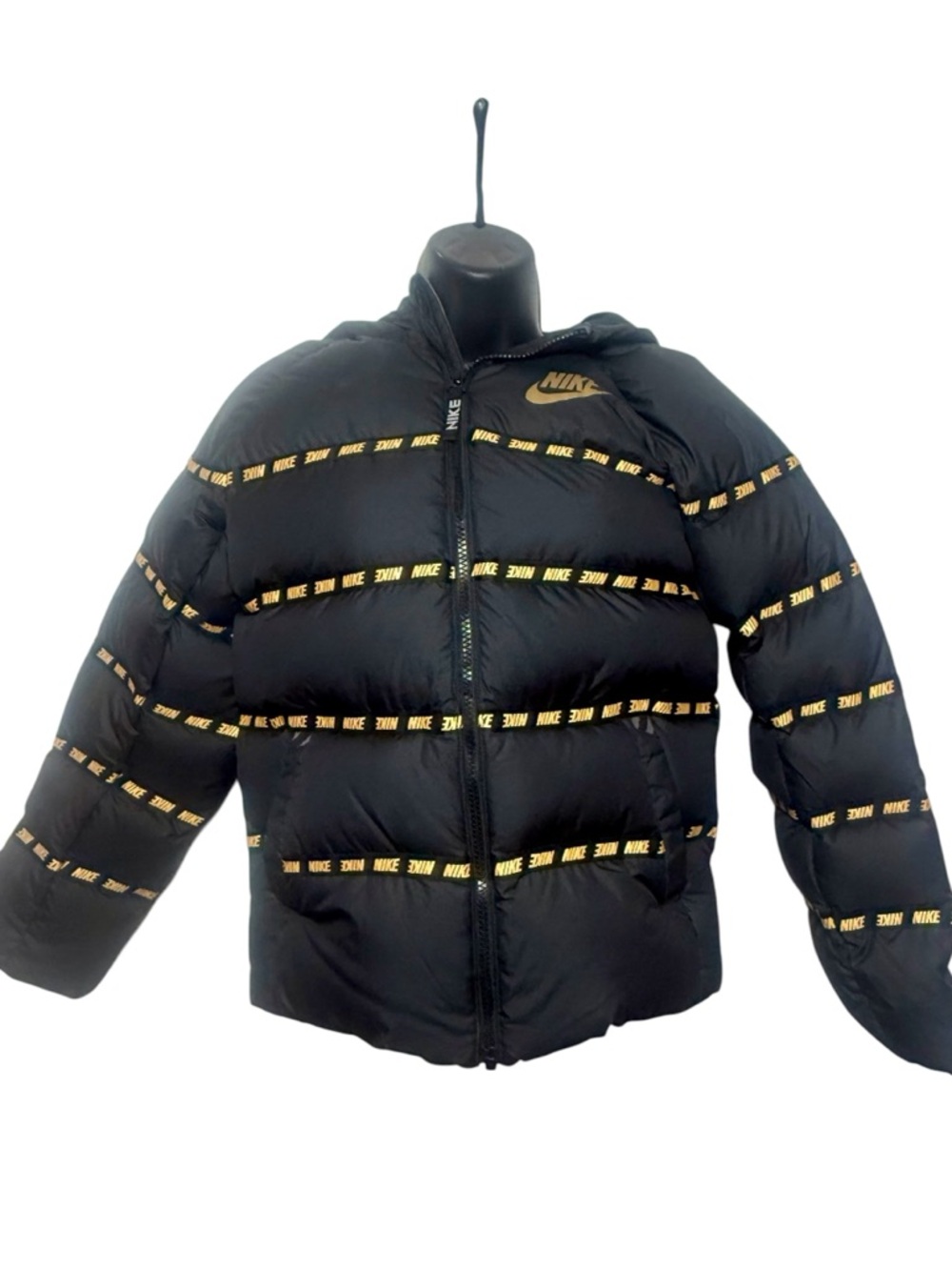 Nike Black Puffer Jacket with Gold Yellow Logo Tape
